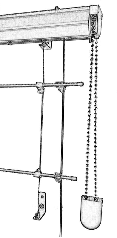Mechanizm rolety rzymskiej z prowadzeniem bocznym. Do okien dachowych lub uchylnych.